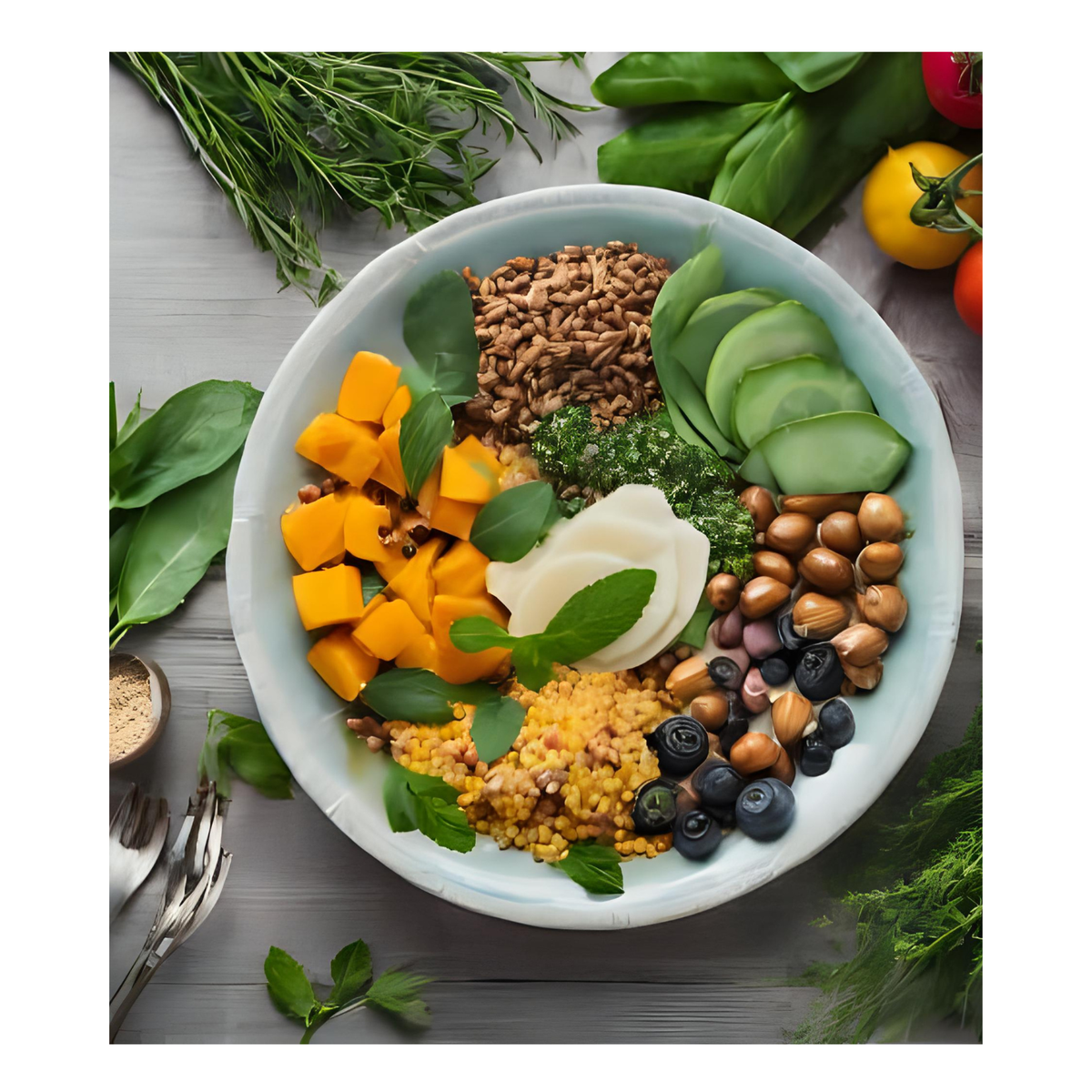 A wholesome bowl of grain, nuts, fruit and vegetables  