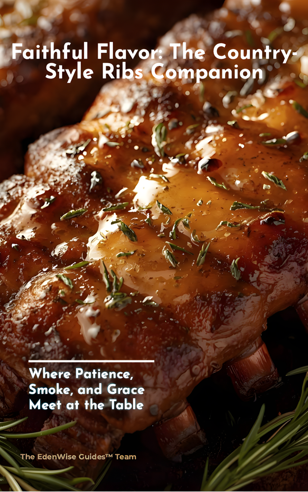Country-style ribs with herbs on a dark background, featuring text about patience, smoke, and grace.