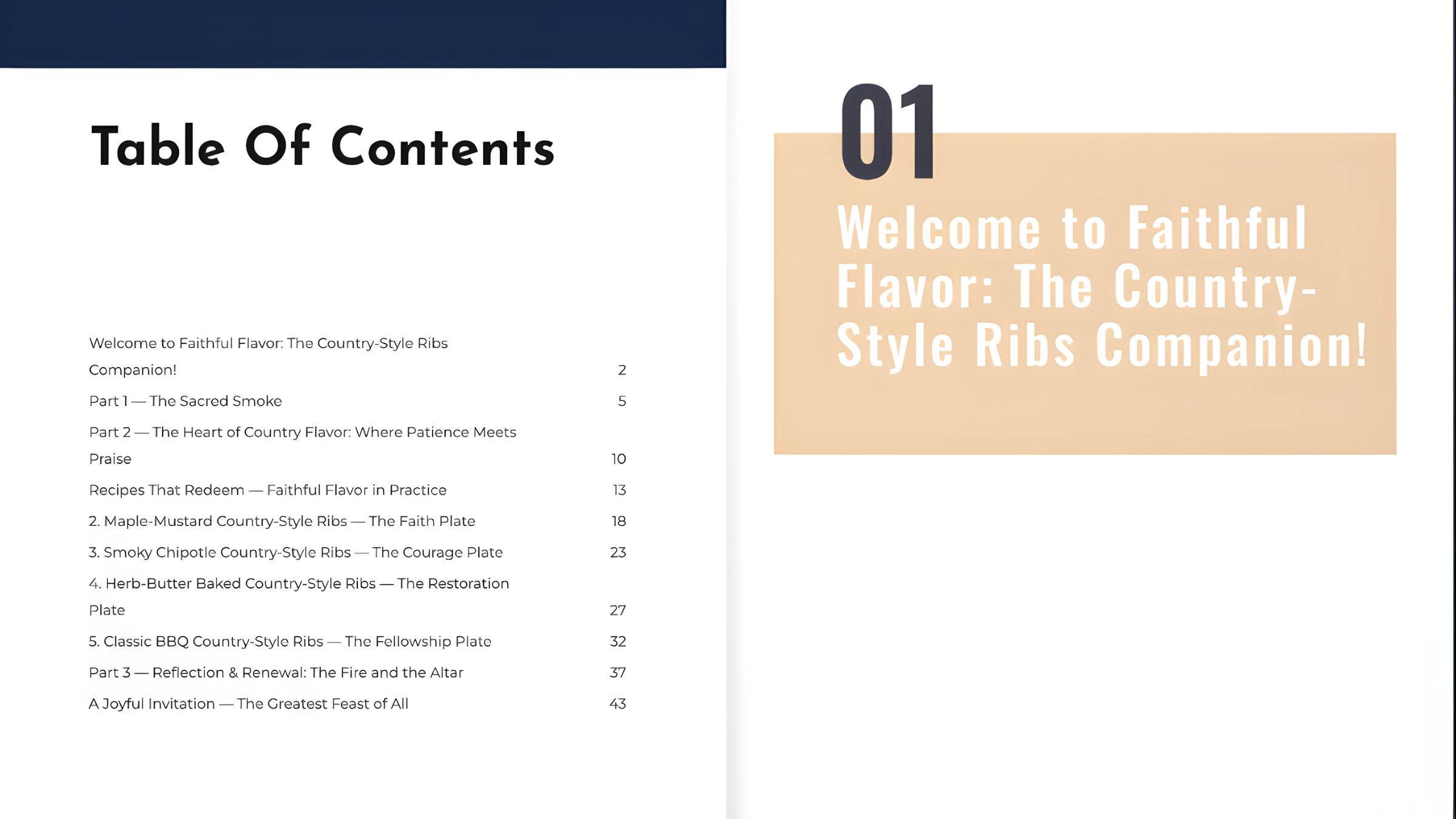 Table of contents for 'Faithful Flavor: The Country Style Ribs Companion' with chapter titles.