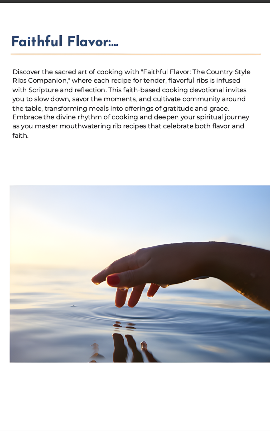 Hand with red nail polish touching water at sunset, with text about 'Faithful Flavor' cooking devotional.