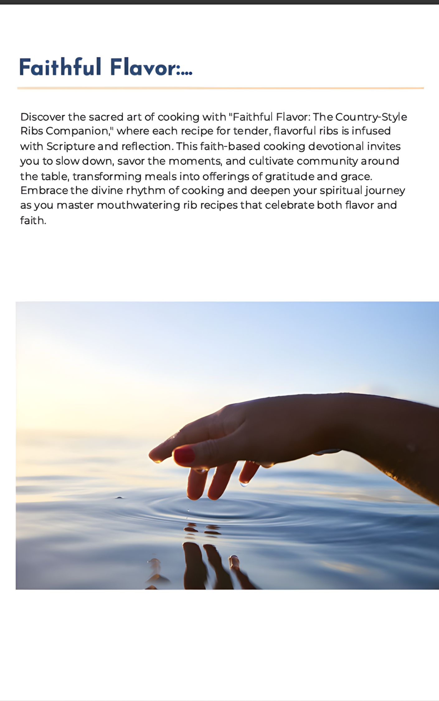 Hand with red nail polish touching water at sunset, with text about 'Faithful Flavor' cooking devotional.