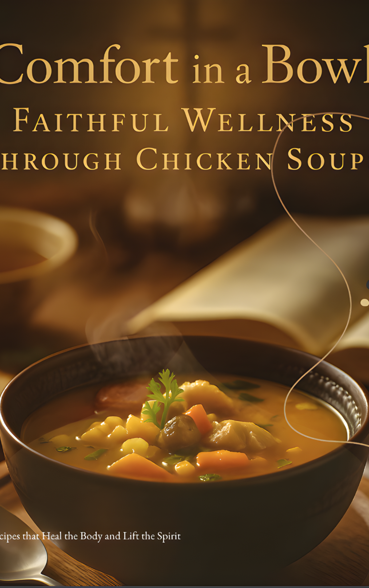 Bowl of chicken soup with text overlay 'Comfort in a Bowl: Faithful Wellness through Chicken Soup' on a warm-toned background.