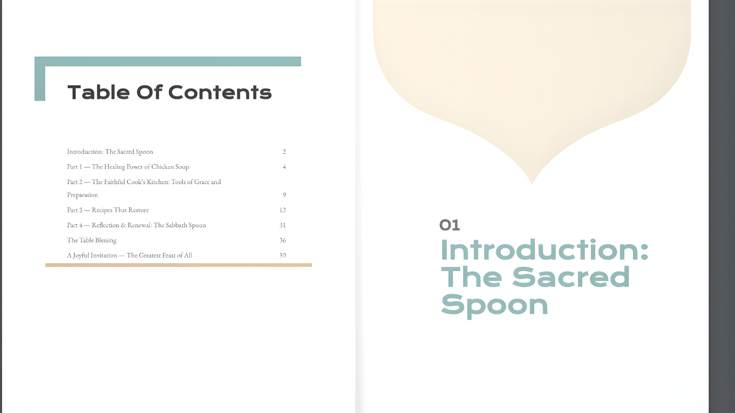 Table of contents for a book or document with 'The Sacred Spoon' on a white background