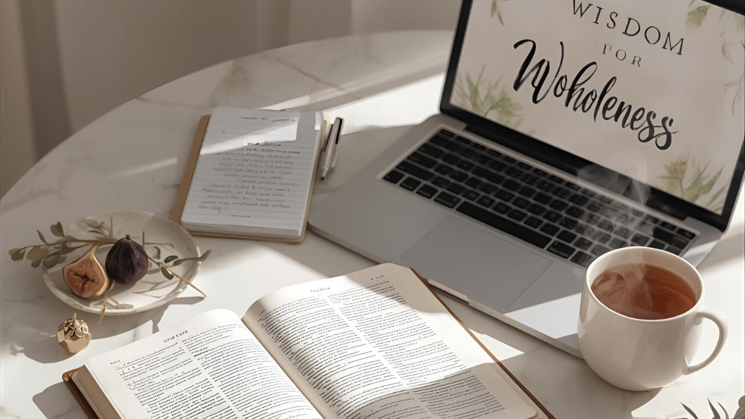 Open laptop with a notepad besides it, a cup of tean and figs 