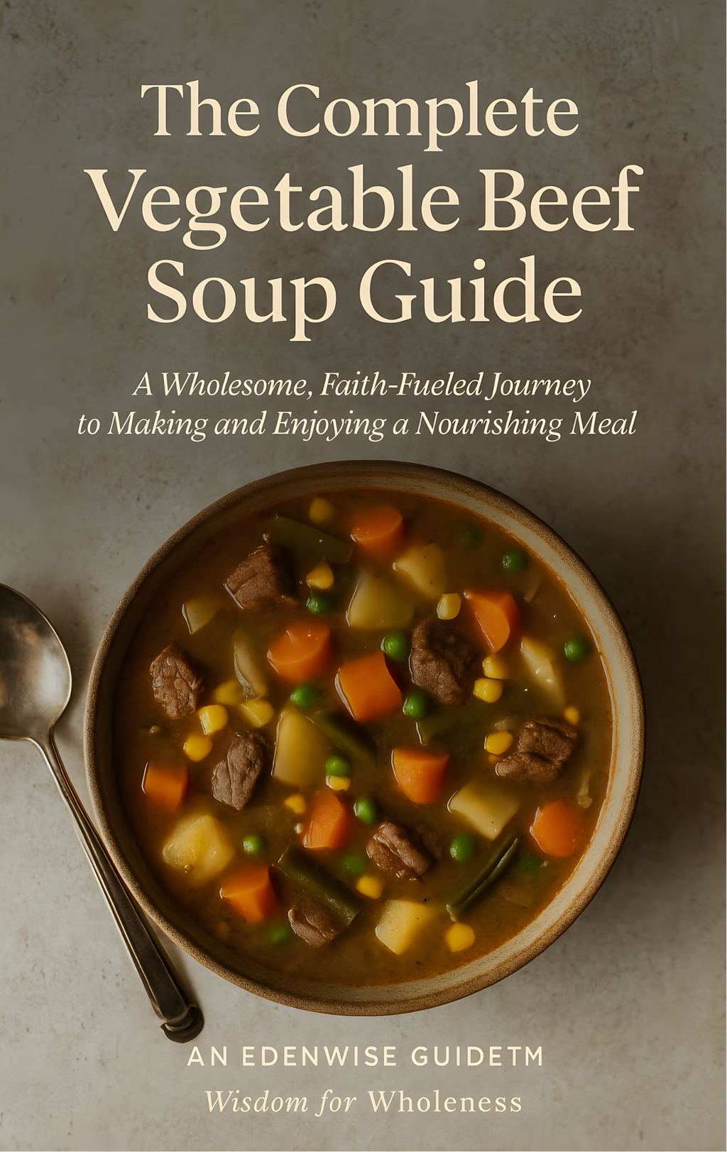 Book cover of 'The Complete Vegetable Beef Soup Guide' with a bowl of soup and spoon on a neutral background.
