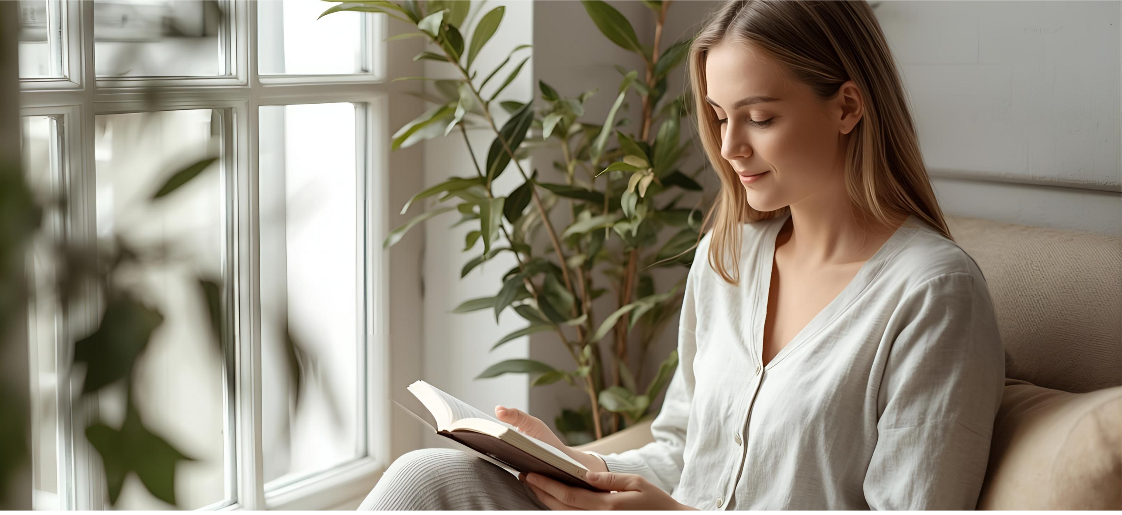 Woman reading a book in a cozy room with plants and a window.